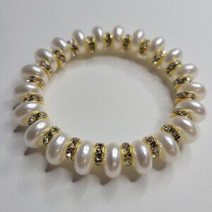 NWT Ladies Pearlescent Beads And Golden Rhinestone Stretch Bracelet S, M, L, XL
